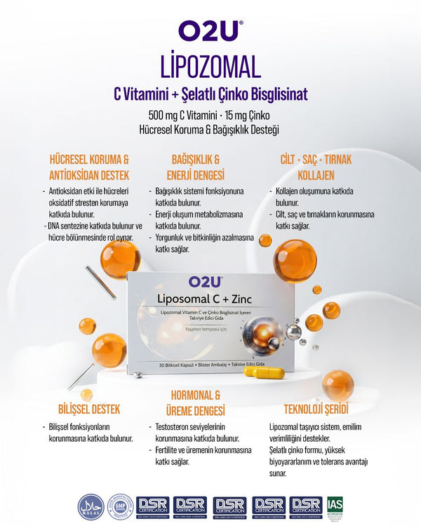 O2U Lipozomal C Vitamini + Çinko Bisglisinat | Bağışıklık ve Antioksidan Desteği - O2U Prime Element